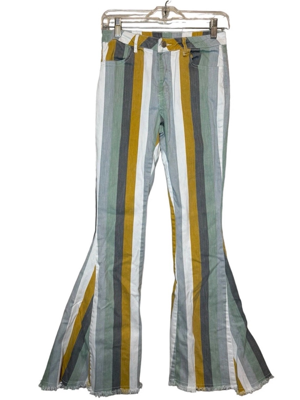 Altar'd State Striped Flare Jeans in Mustard, Green, Gray, White